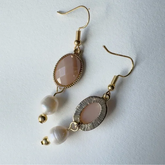 Blush Bead & Pearl Drop Earrings | Upcycled | Gold Stainless Steel Hooks - Picture 7 of 10